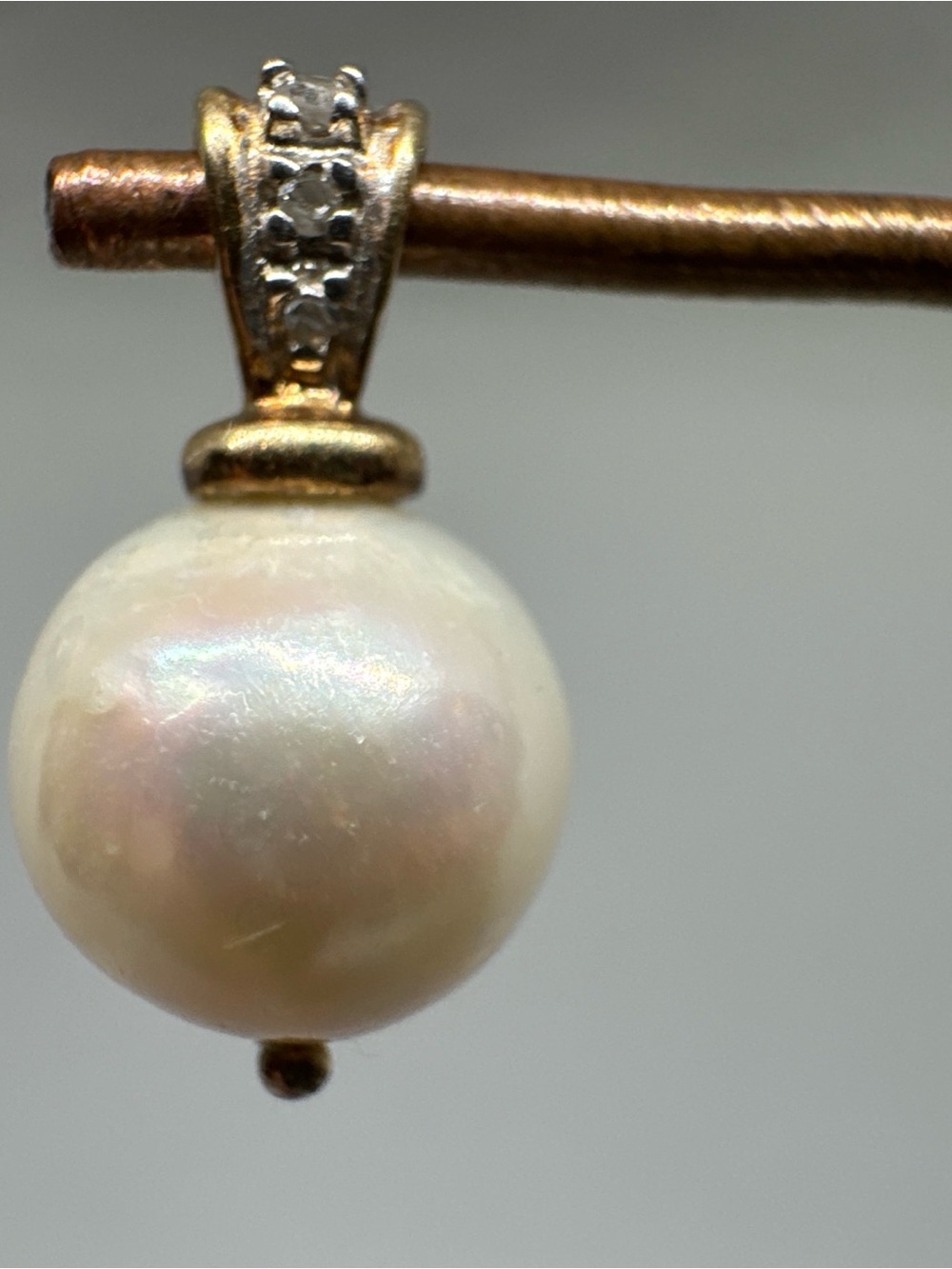 Vintage Solid 14K Yellow Gold Pendant With Diamond And Genuine 10MM Pearl - Picture 4 of 12